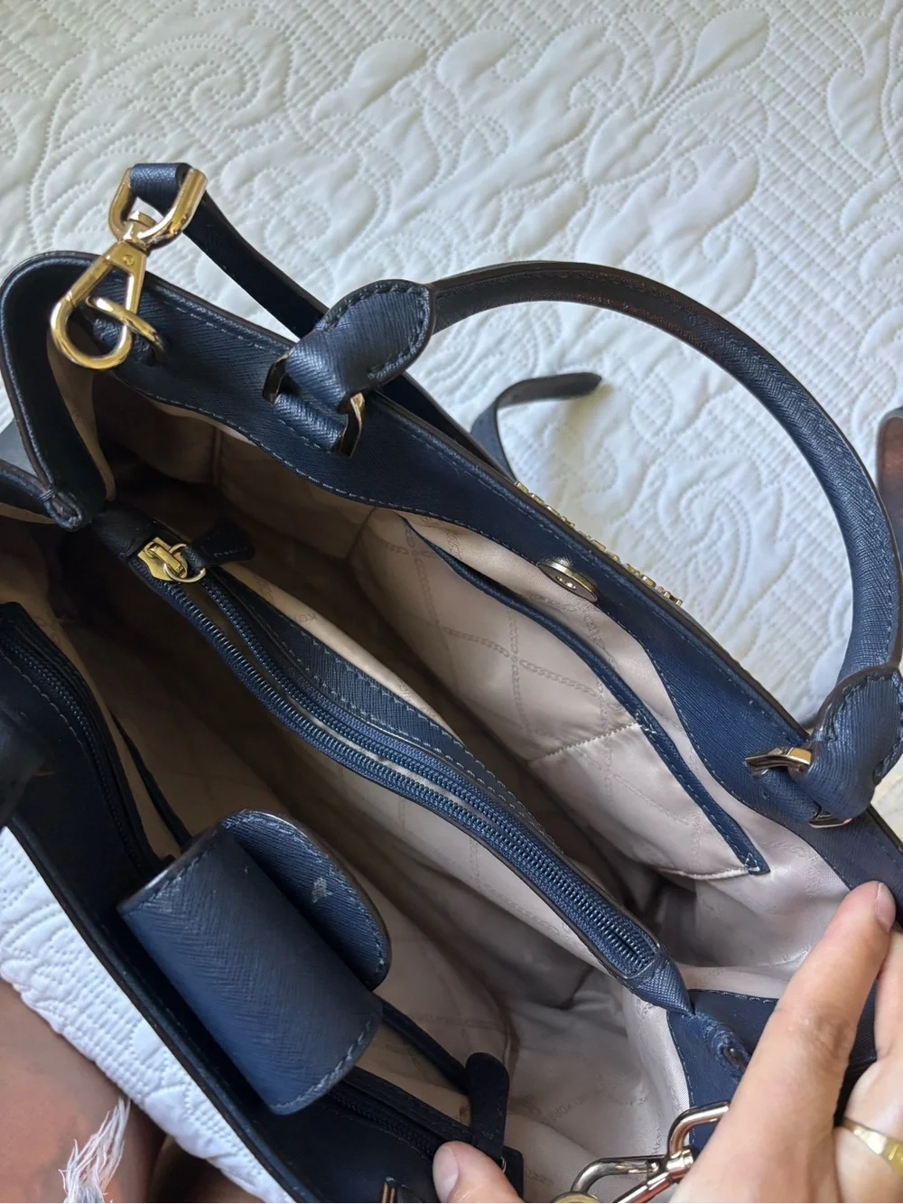 Michael Kors Navy Leather Top-Handle Satchel with Gold Hardware